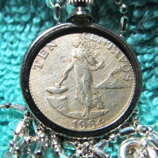 1964 Philippines10 Centavos In Nickle Plated Bezel & 925 Silver 24 