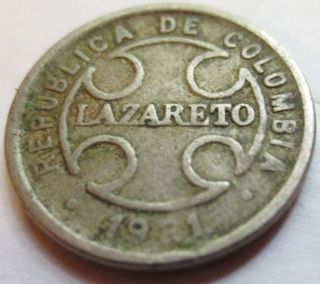 Colombia 1921 Leprosarium / Leper Colony 2 Centavos Coin / Token,  Very Fine photo