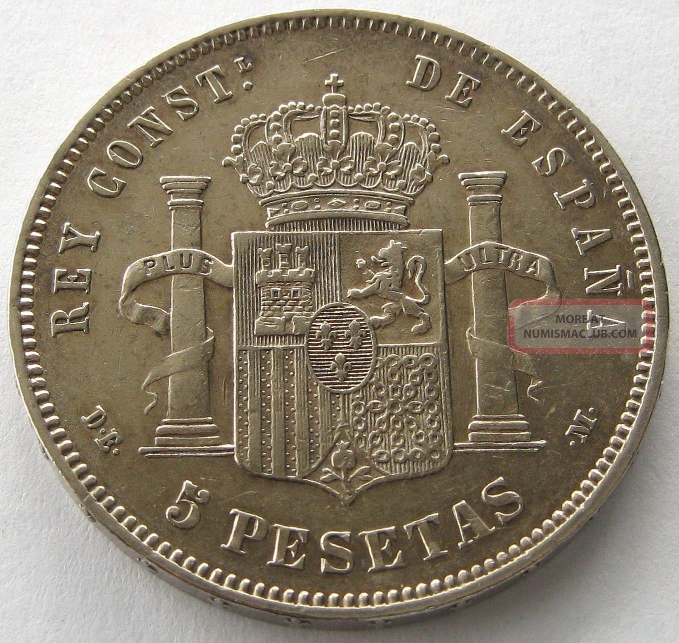 Spain, Large Silver Coin, 5 Pesetas 1877 (77) De - M, Alfonso Xi, Xf,