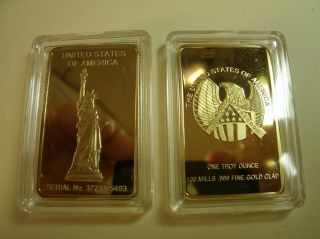 Special Fun Gift 1 - Troy Oz 24kt Gold Plated Eagle/st Of Liberty Art Bar, photo