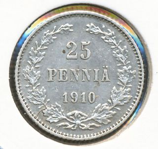 Finland Russia Silver Coin 25 Pennia 1910 photo