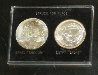 1969 Struck For Peace Israel Shalom Egypt Sadat Silver Lirot 1980 Pound Coin Ms, photo