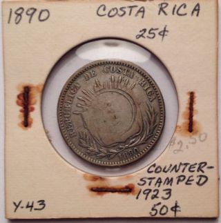 1890 Costa Rica 25 Cents Counter Stamped 1923 50 Cents photo