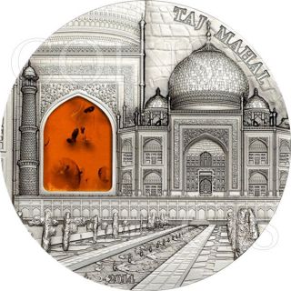 Palau 2014 10$ Mineral Art Taj Mahal 2oz Antique Finish Silver Coin Amber Insert photo