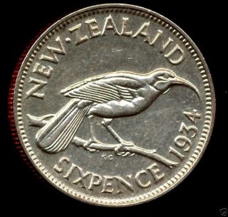1934 Zealand Silver 6 Pence Scarce Lusterous Unc Low Open Just $19.  95 photo