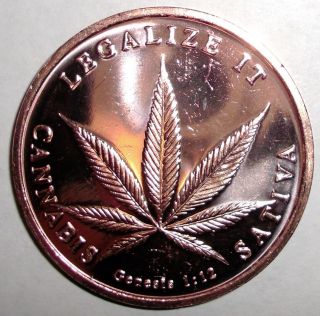 Us 1 Ounce.  999 Copper,  Cannabis,  Pot Leaf,  Token Coin photo