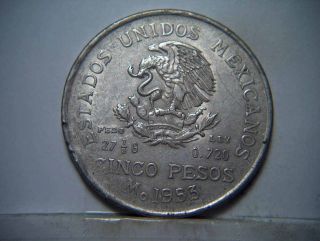 1953 Cinco Pesos Fine,  Silver Coin photo