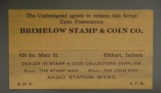 Brimelow Stamp & Coin Co.  Elkhart,  Indiana,  Worth One Nickel 1932 photo