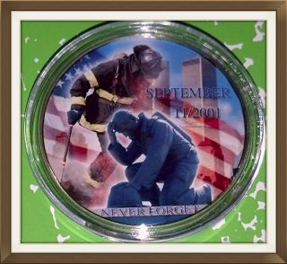 9/11 Firefighters Never Forget 268 - 1 Oz - Colorized Gold / Brass Art Round photo
