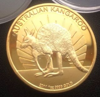1oz Australia Kangaroo $100.  999 Pure 24k Gold Clad Bullion Coin photo