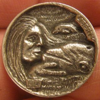 Miniature Metal Carving,  Hobo Art,  Hobo Nickel,  Dolphin Kiss photo