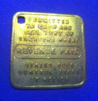 Jersey Channel Islands G.  B.  Brass Square Token.  Revenue Paid To Grow 1 Cwt Wheat photo