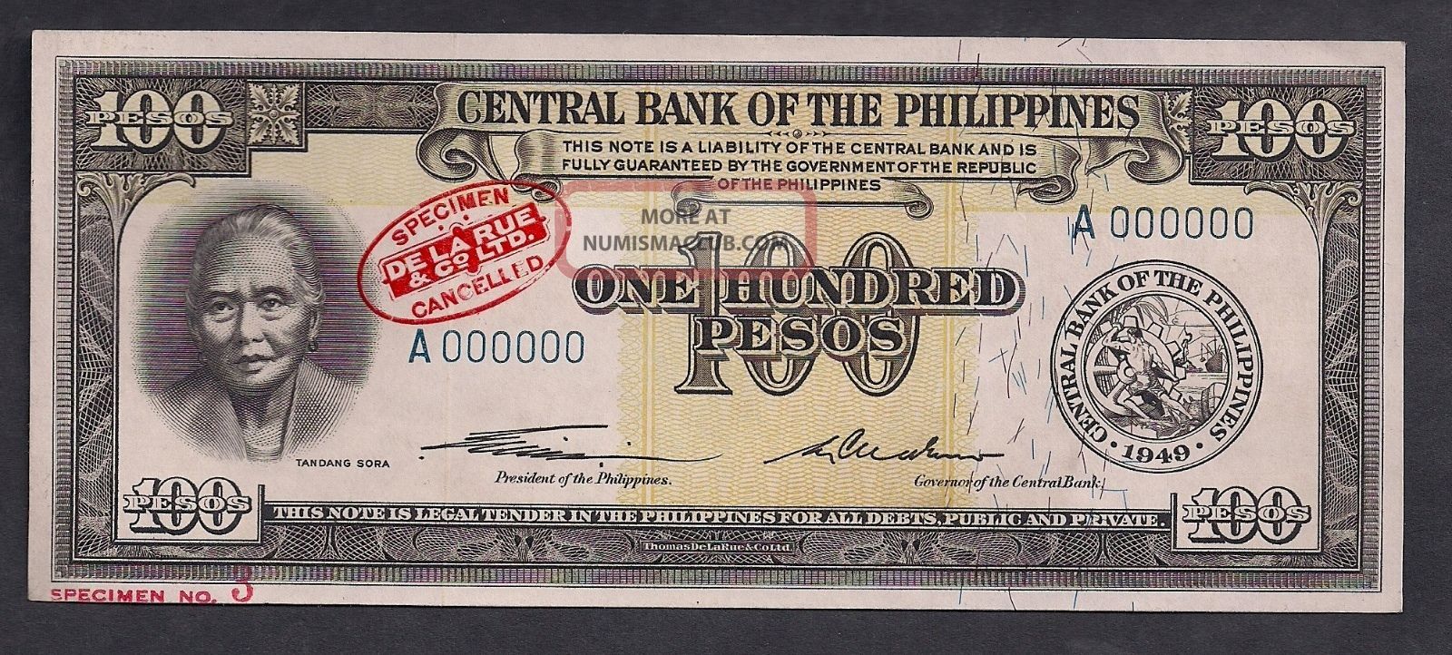 Philippines 100 Pesos 1949 P139s Specimen Tdl Unc Asia photo