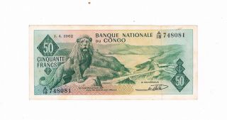 Congo Democratic Rep P5 50 Francs 1962 Lion Xf Stain photo