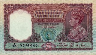 Reserve Bank Of India Burma 5 Rupees Nd Unc photo