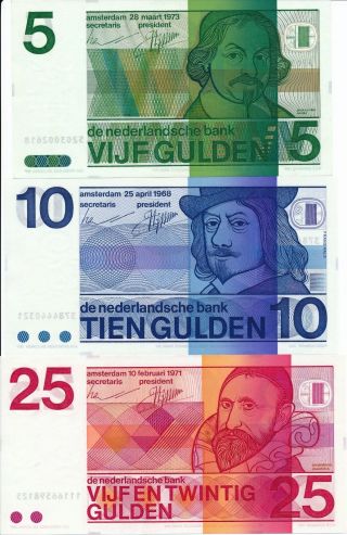 Netherlands 5 - 10 - 25 Gulden 1968 - 1973 