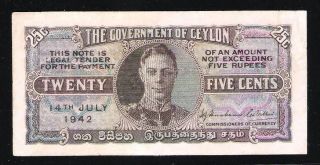 1942 Government Of Ceylon King George Vi 25 Cents Banknote photo