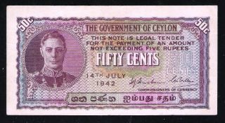 1942 Government Of Ceylon King George Vi 50 Cents Banknote Shifting Error photo