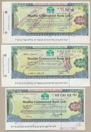 3 Travellers Cheques Pakistan Cashed In Years 2000/2004 5,  000 To 100,  000 Rupees photo