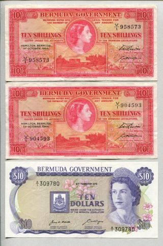 Bermuda Two 10 Shillings 1966 P - 19 Vf And 10 Dollars 1970 P - 25 Au/unc photo