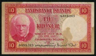 Iceland 15 April,  1928 Landsbanki Islands Ten Kronur Banknote P33a Vf,  Currency photo