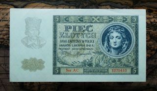 Poland 5 Zlotych 1941,  Old Banknote.  Xf photo