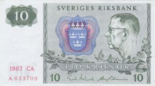 10 Kronor From Sweden 1987 Vf Note photo