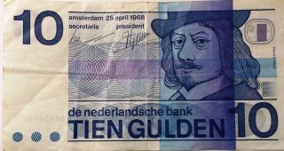 1968 Netherlands 10 Gulden Banknote Tien Note De Nederlandsche Bank Amsterdam photo
