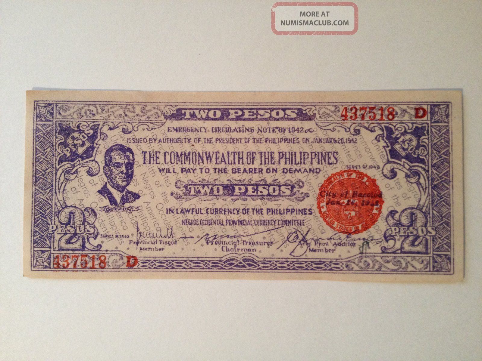 Ww2 1942 Philippines Emergency Issue 2 Pesos Banknote Guerilla Money Currency R Asia photo