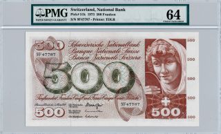 National Bank Switzerland 500 Franken 1973 Pmg 64 photo