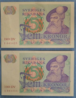 Sweden 2x 5 Kronor 1969 - Consecutive Numbers - P - 51a Unc photo