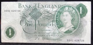 1967 Bank Of England One Pound Bank Note Item 827 photo