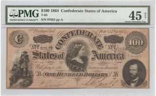 1864 $100 One Hundred Dollar Bill Confederate Pmg 45 Choice Extremely Fine photo