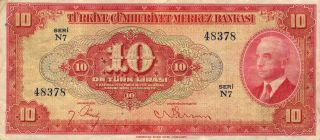 Turkey 10 Lira 1930 Turkish Very Fine Note (stock 0796) photo