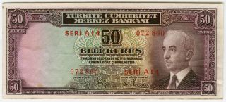 Turkey 1942 - 44 Ww Ii Issue 50 Kurus Very Crisp Xf - Au.  Pick 133. photo