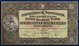 Switzerland 5 Franken (francs) 1951 P - 11o William Tell Monument Swiss Note photo