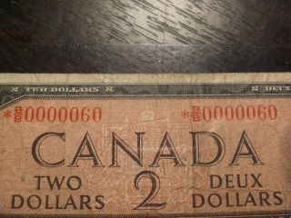 Rare 1954 2 Dollars Bank Of Canada Asterix Low Serial Numbered B/b 0000060 photo