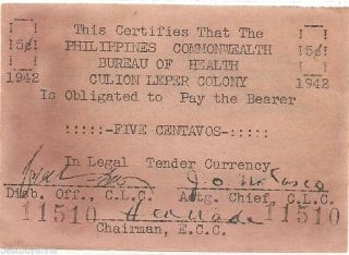 Philippines Emergency Culion Leper Colony 5 Centavos Wwii Note S252 Rare Gn photo