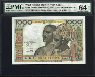West African States / Ivory Coast 1000 Francs 1956/65 - Pmg 64 Epq - Unc photo