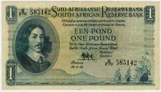 South Africa 1956 Reserve Bank 1 Pound Scarce Note Crisp Au.  Pick 93e. photo
