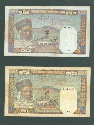 (2) Banque De L ' Algerie Central Bank Of Algeria 100 Francs (1942 & 1941 Issue) photo