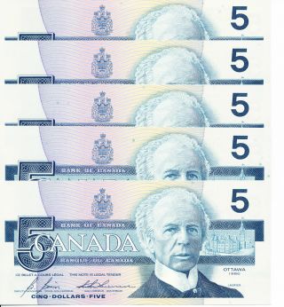 5 X 1986 Canadian Paper Money $5 Dollar Bills Extremely Rare,  Valued,  Unc In Seq photo