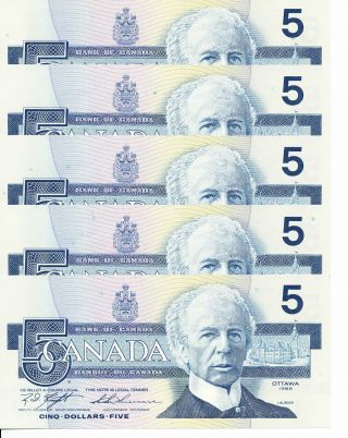 5 X 1986 Canadian Paper Money $5 Dollar Bills Uncirculated & In Sequence photo