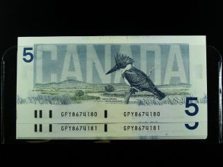 1986 $5 Prefix: Gpy5794410 - 11 Serial Number Bank Of Canada Note.  Gunc. photo
