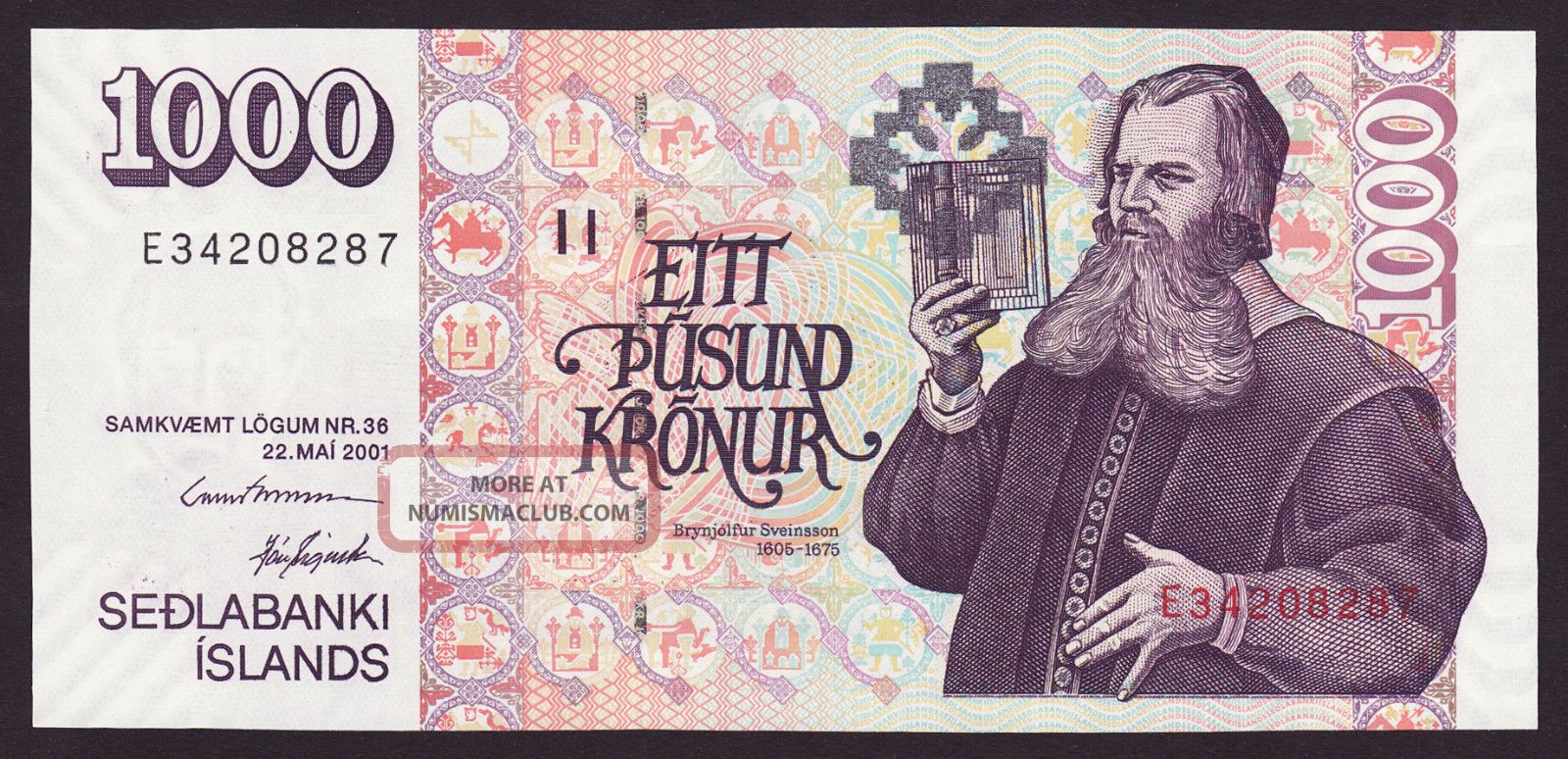 Iceland 1000 Kronur 2001 Serie E Unc