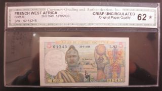 Cg&a French West Africa 1949 5 Francs Crisp Uncirculated 62 Pick 36 photo