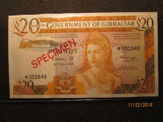Government Of Gibraltar 1975 Specimen,  Twenty Pounds Note Unc photo