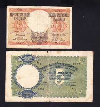 1939 Albania Paper Money,  5franga,  10leke.  Italy Occupation photo