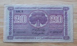 1939 Finland 20 Mark Banknote World Paper Money Currency photo