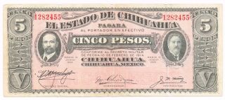1914 Mexico Chihuahua 5 Pesos Note photo